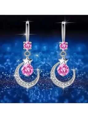 S925 Sterling Silver Pink Zircon Crescent Moon Earrings